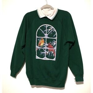 Vintage Cracker Barrel Cardinal Window Sweatshirt Green Double Collar Pullover
